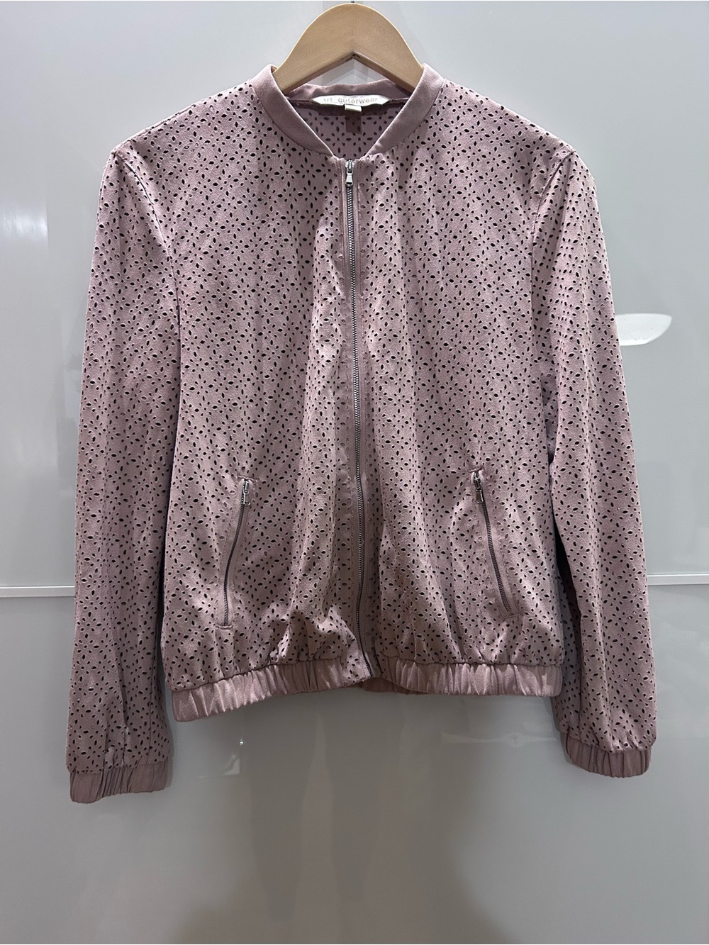 TRT_Outwear Light Pink Eyelet Bomber Jacket